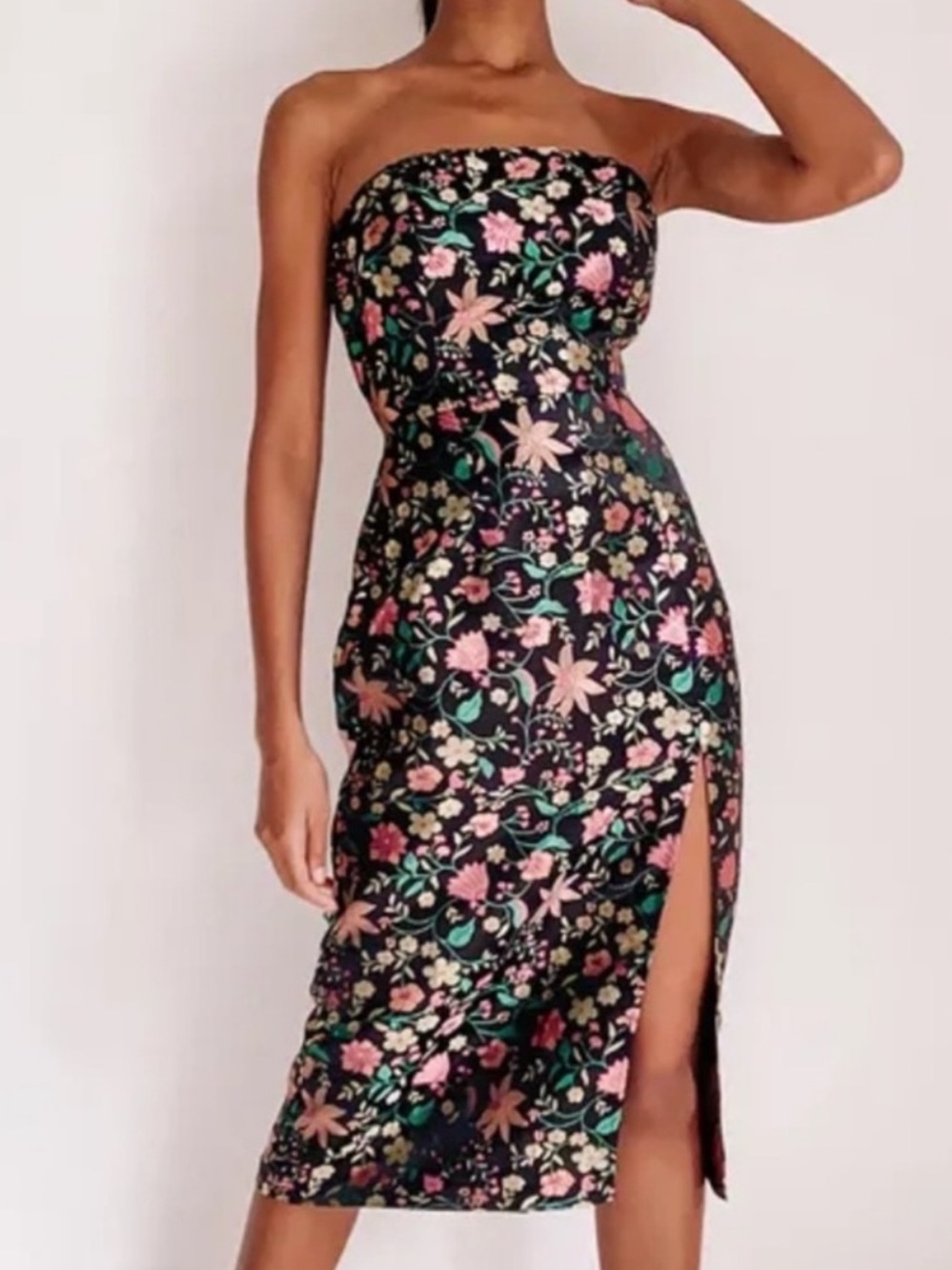 Lulu’s make a move Strapless Black Floral Midi Dress with Side Slit NWT XL